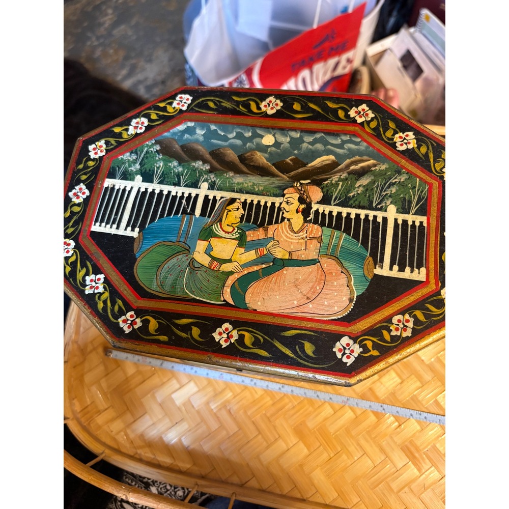 Vintage Hand Painted Indian Octagonal Wood Jewelry Box Mughal Art Scene India